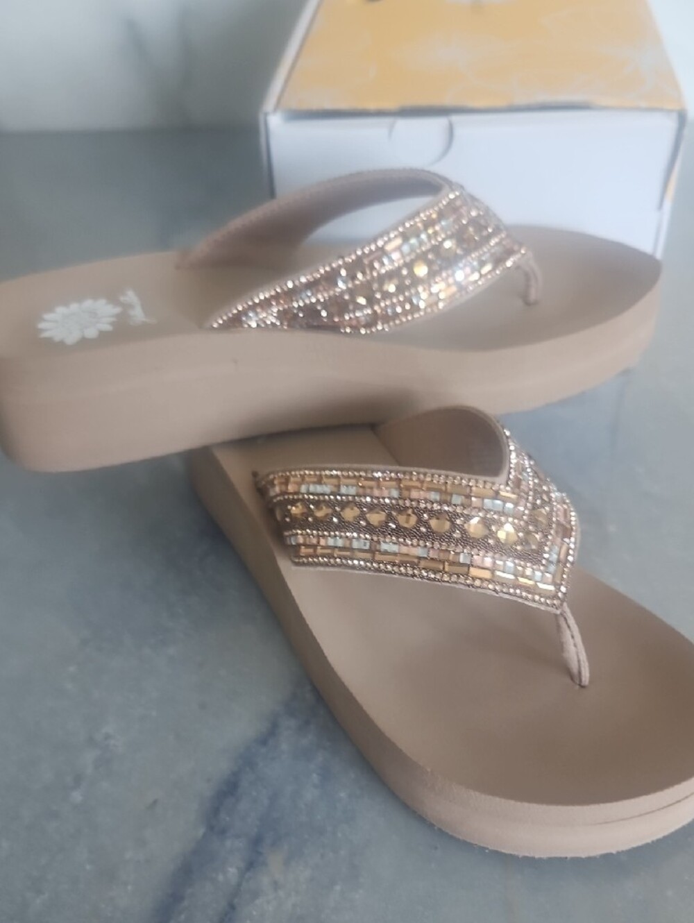 Yellow Box Beaded Taupe Platform Thong Sandals - Picture 8 of 9